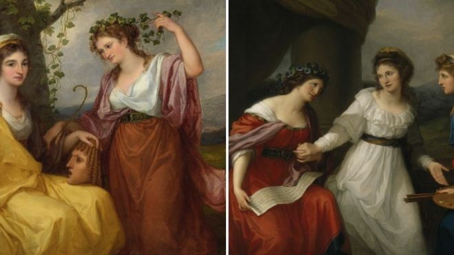 IZQUIERDA: Angelica Kauffman, Retratos de Domenica Morghen y Maddalena Volpato como musas de la tragedia y la comedia, 1791. Óleo sobre lienzo, 125 x 158 cm. Museo Nacional de Varsovia MNW. Foto © Colección del Museo Nacional de Varsovia. Foto: Piotr Ligier; DERECHA:Angelica Kauffman, Autorretrato en la encrucijada entre las artes de la música y la pintura, 1794. Óleo sobre lienzo, 147,3 x 215,9 cm. Colecciones del National Trust (Nostell Priory, The St. Oswald Collection). Adquirido mediante un tratado privado con la ayuda de una subvención del Heritage Lottery Fund 2002. Foto: © National Trust Images/John Hammond.