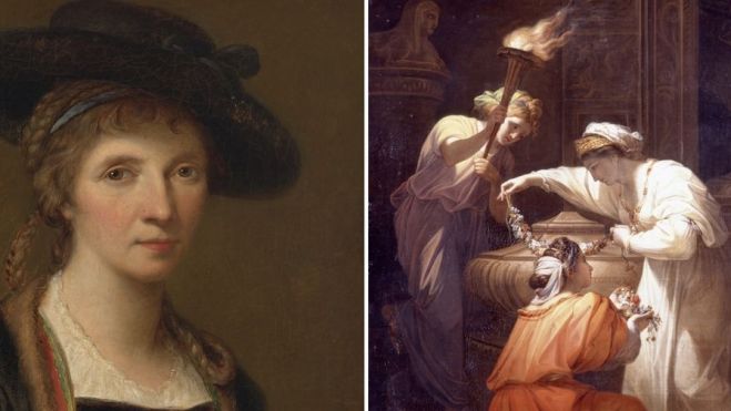 IZQUIERDA : Angelica Kauffman, Autorretrato con el traje tradicional del bosque de Bregenz, 1781. Óleo sobre lienzo, 61,4 x 49,2 cm. Innsbruck, TLM, Colección de historia artística anterior, inv. Gema 301. Foto: Innsbruck, Tiroler Landesmuseen; DERECHA : Angelica Kauffman, Cleopatra adornando la tumba de Marco Antonio, c. 1769-70. Óleo sobre lienzo, 125,5 x 105 cm. La colección de Burghley House. Fotografía © Colección Burghley House