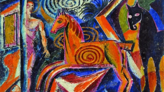 Davyd Burliuk, Carrusel, 1921. Óleo sobre lienzo. 33 x 45,5 cm. Museo Nacional de Arte de Ucrania. © The Burliuk Foundation