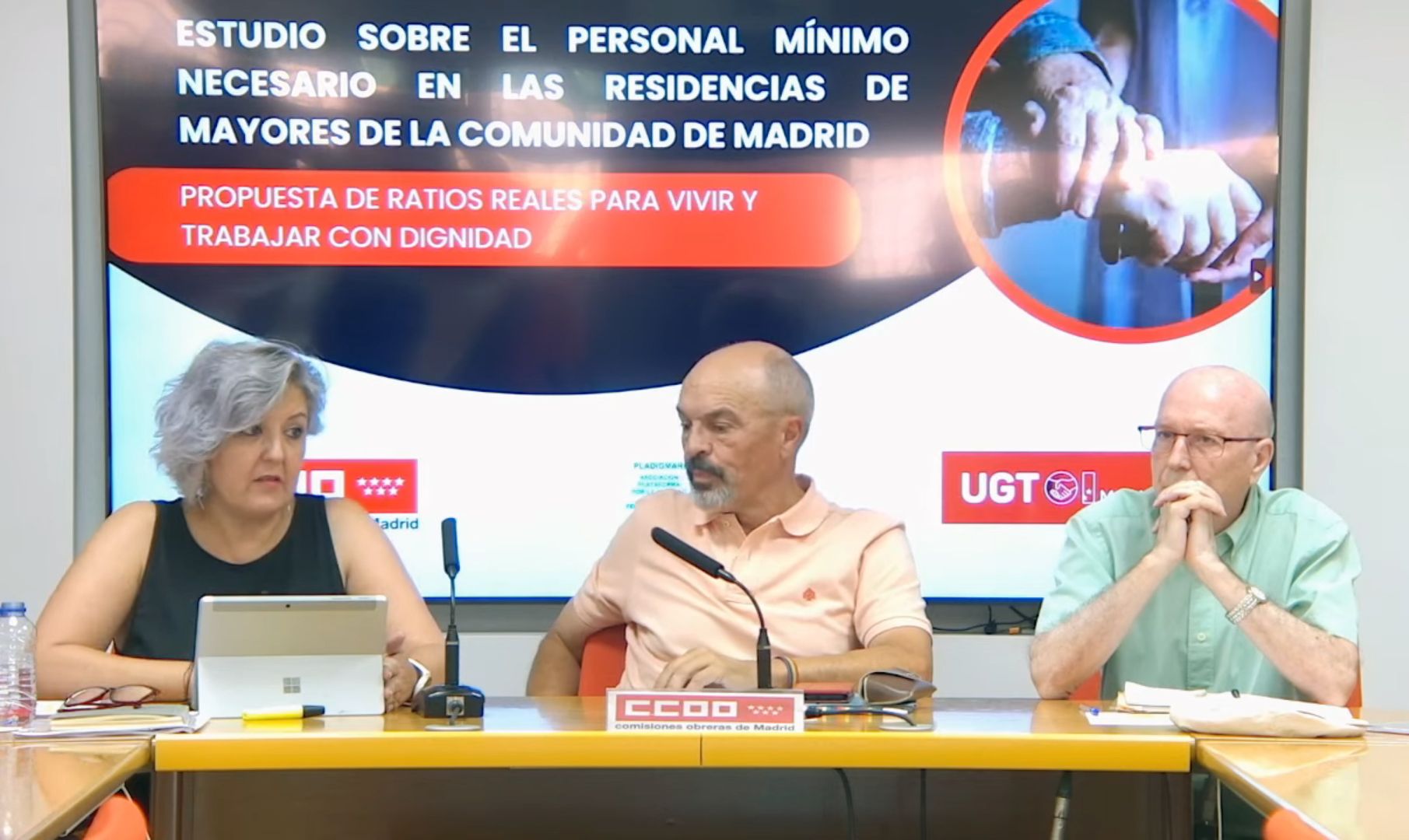 Laura Muñoz (UGT Madrid), Manuel Rodríguez (CCOO Madrid) y Manuel Vázquez (Pladigmare)