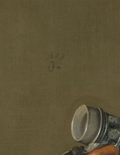 Detalle de la firma y datación en el centro del cuadro Jolly Toper, 1629. Frans Hals Museum, Haarlem