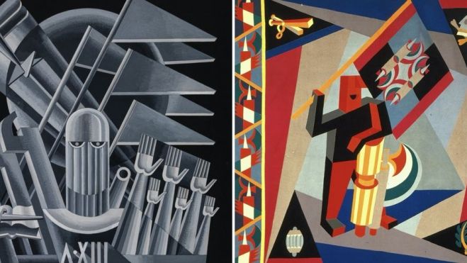 Derecha Fortunato Depero, Duce nel mondo, 1934. Mart, Depero Collection; Izquierda Fortunato Depero, Fascismo, 1925. Private Collection