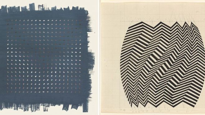 Left Bridget Riley Study for Shuttle 1964 Right Bridget Riley 19 Greys Cool Ground 1966