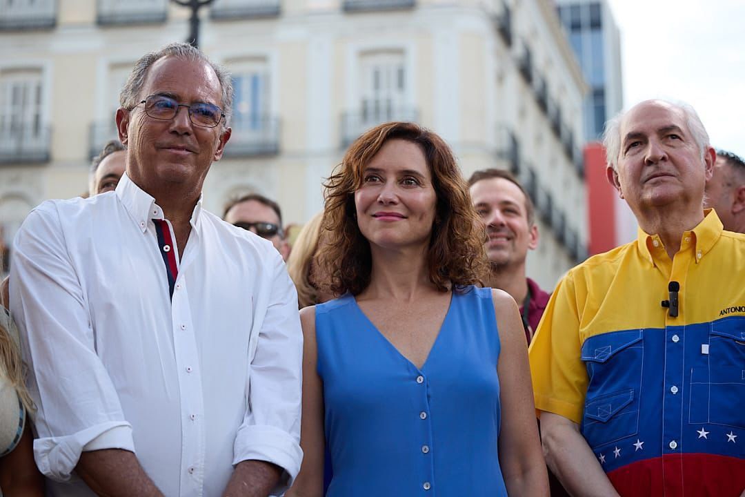 Isabel Díaz Ayuso, presidenta de la Comunidad de Madrid en la manifestación de la oposición venezolana en la Puerta del Sol en Madrid, el pasado sábado, fofo PP