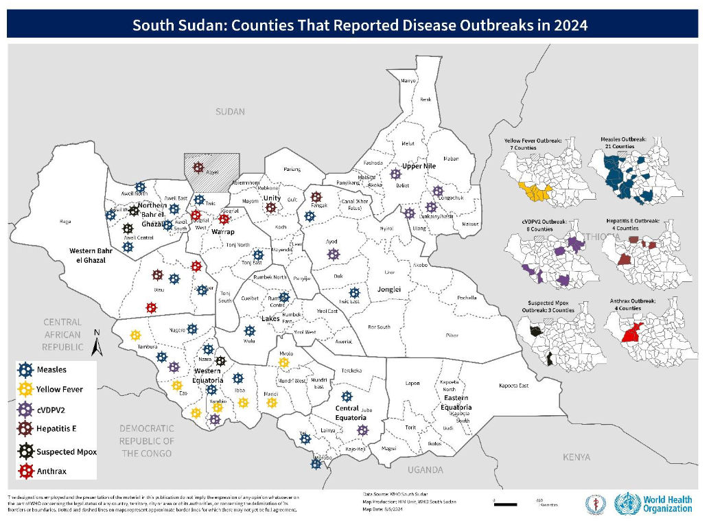 Ongoing disease outbreaks across South Sudan, as of July 2024