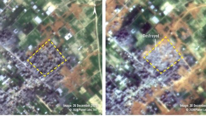 Las imágenes de satélite muestran que se destruyó un sector de Khuza’a entre el 26 y el 30 de diciembre de 2023.