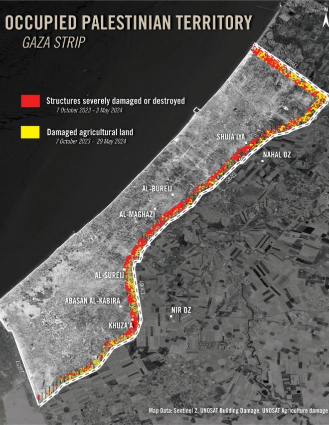 El mapa de Gaza destaca las estructuras gravemente dañadas y destruidas y las áreas con mayor deterioro en la salud y densidad de los cultivos debido al conflicto en curso en un área de un kilómetro desde la línea de la valla entre octubre de 2023 y mayo de 2024.