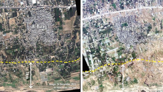 Las imágenes satelitales del 24 de diciembre de 2023 y del 22 de enero de 2024 muestran las áreas donde el ejército israelí destruyó tierras y estructuras en torno a Al-Maghazi y Al-Bureij. Más de 1.300 estructuras resultaron gravemente dañadas o destruidas entre el 26 de noviembre y el 29 de febrero, según datos de UNOSAT.