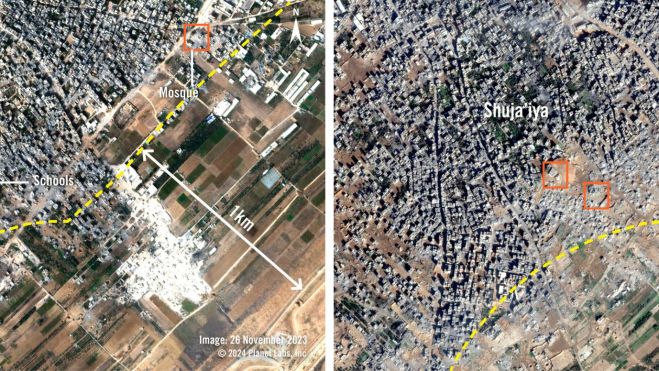 Las imágenes satelitales del 26 de noviembre de 2023 y del 26 de diciembre de 2023 muestran las áreas donde el ejército israelí destruyó tierras y estructuras en Shuja’iya, Gaza. En el área de un kilómetro desde la línea de la valla, que se muestra con una línea discontinua amarilla, se aprecia un terreno prácticamente arrasado y con casi todas las estructuras demolidas. La destrucción continúa más allá de la zona de 1 kilómetro, hasta 430 metros más en el interior de Shuja’iya.