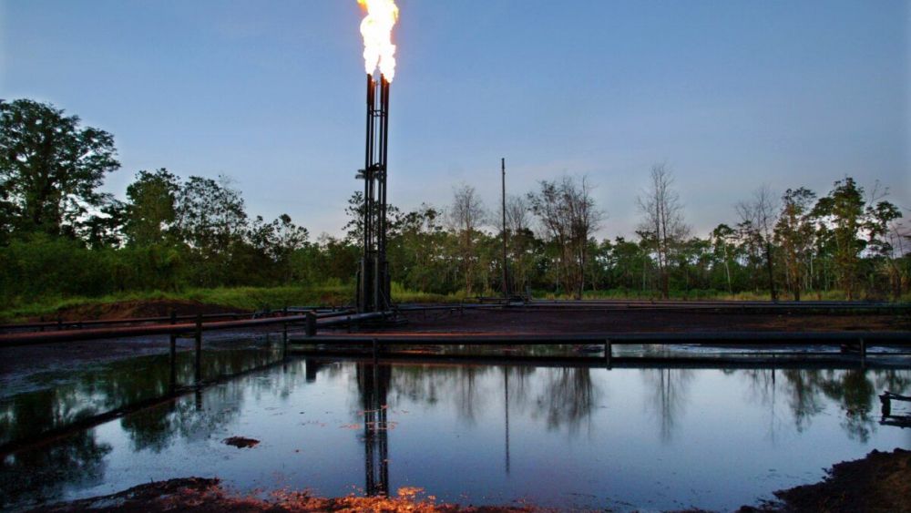 Con un enorme charco de aceite usado en primer plano, se aprecian mecheros que queman gas en una planta de separación en las afueras de la ciudad de Shushufindi, en la Amazonia ecuatoriana. El gas se quema para poder extraer petróleo del suelo. Foto: Lou Dematteis, UDAPT.