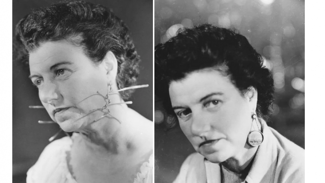 Peggy Guggenheim con pendientes de Calder y Tanguy