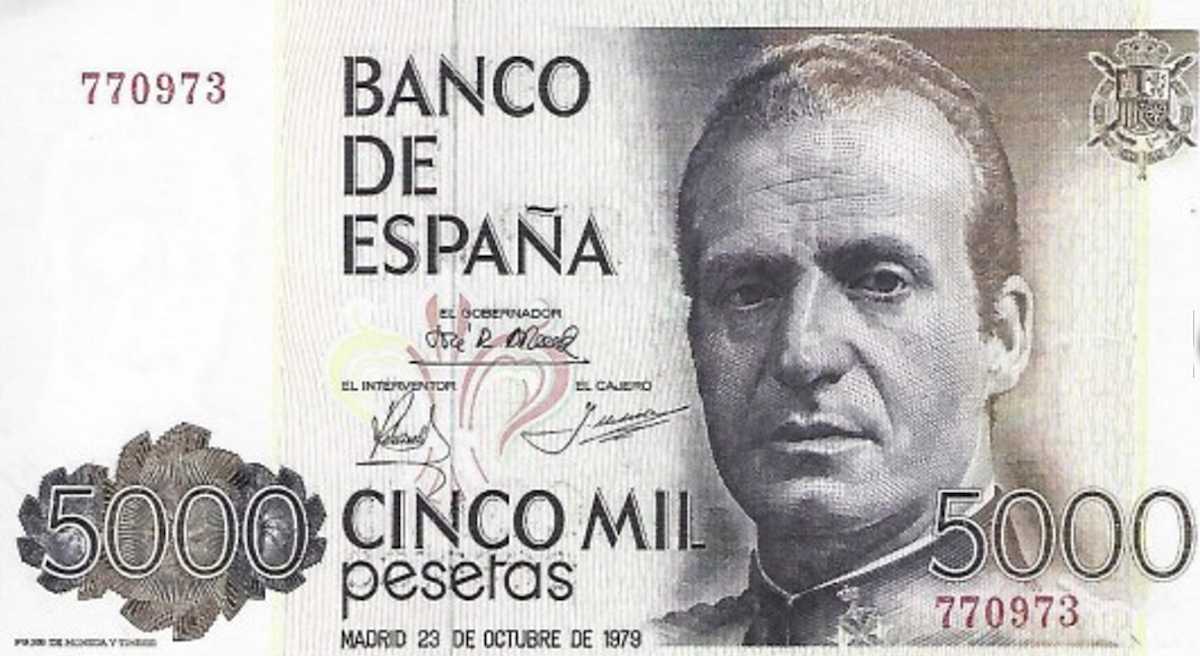 Billete de cinco mil pesetas con la efigie de Juan Carlos I anterior al euro.