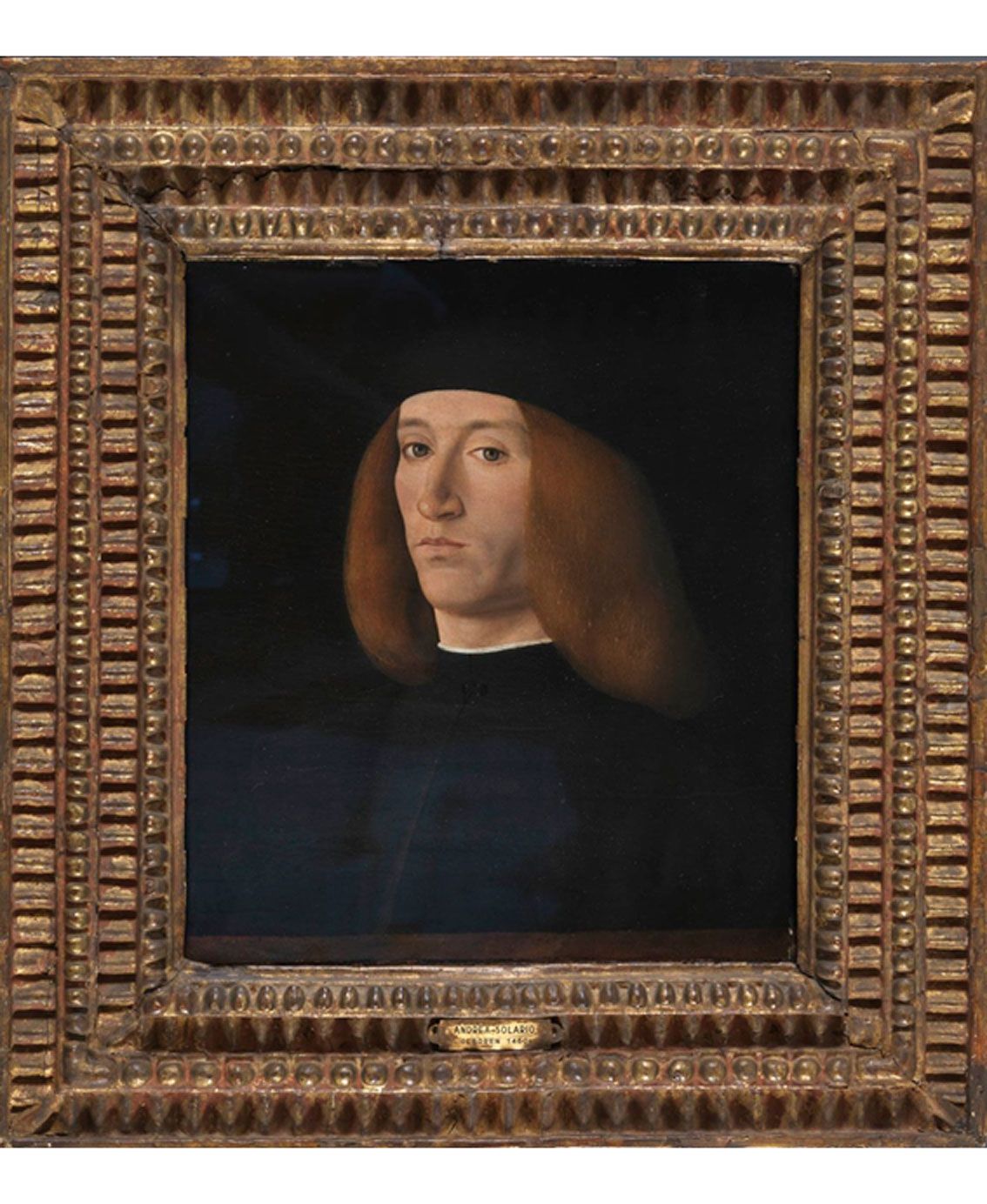 Andrea Solario Retrato de un joven, década de 1490 Óleo sobre tablaMarco: español (?) de hacia 1490-1510; madera tallada y dorada