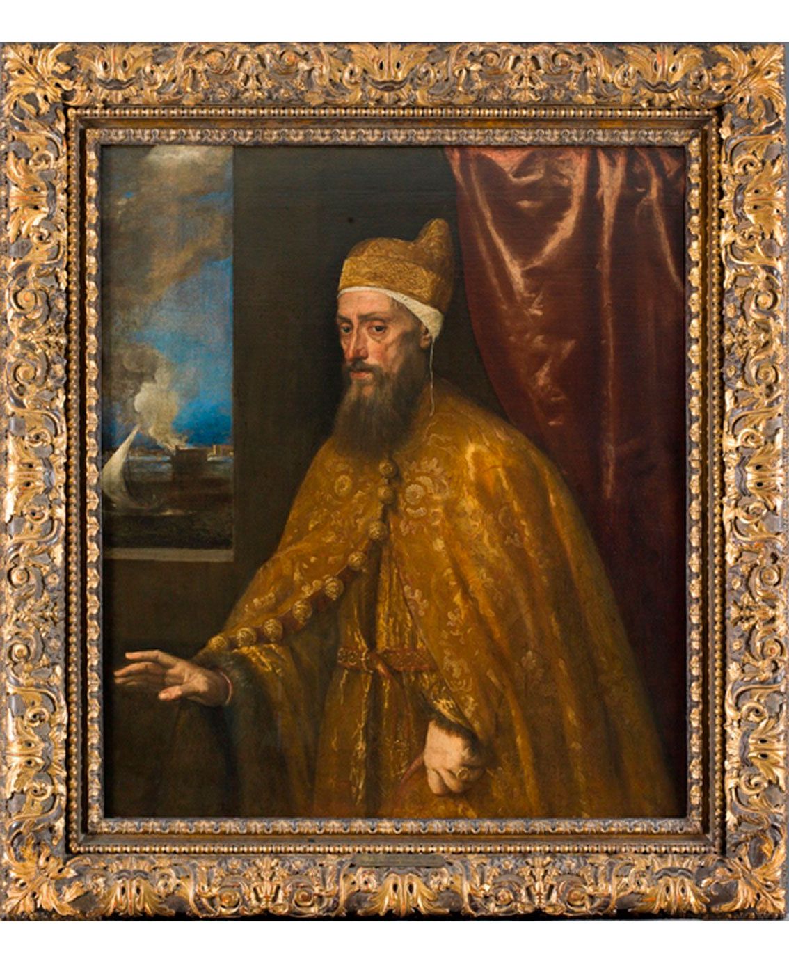 Tiziano Retrato del dux Francesco Venier, hacia 1554-1556 Óleo sobre lienzoMarco: italiano, posiblemente de la región del Piamonte, de hacia 1650; madera tallada, dorada y pintada