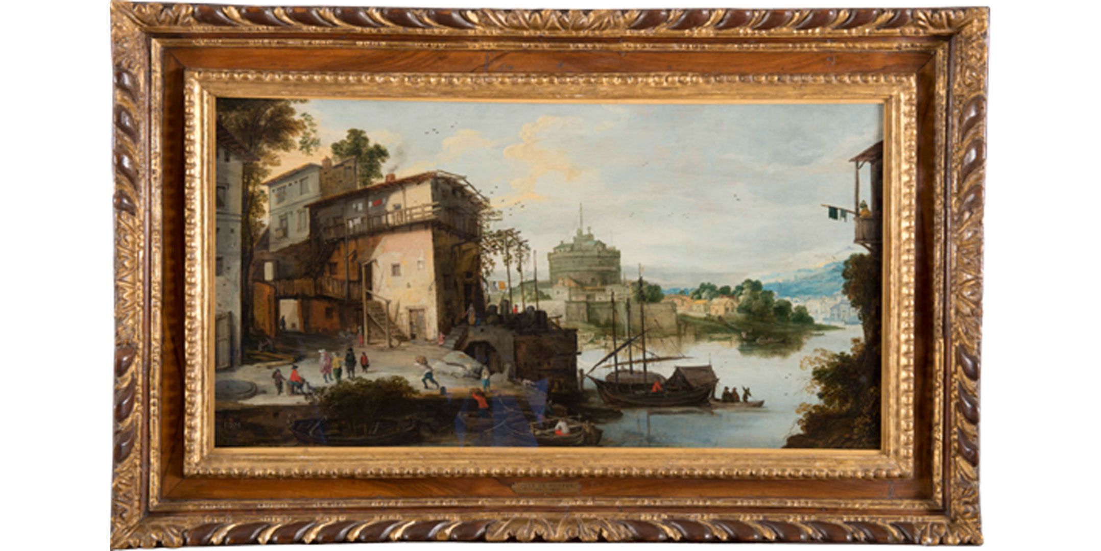 Maestro del Monograma IDM. Vista de un puerto fluvial con el Castillo de Sant’ Angelo, s.f Óleo sobre tabla  Marco: italiano, región del Véneto, hacia 1590-1610; madera tallada y parcialmente dorada