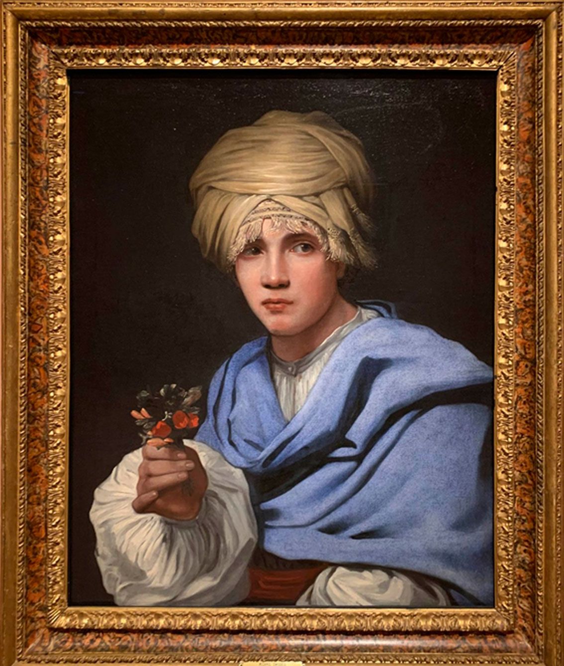 Michiel Sweerts Muchacho con turbante y con ramillete de flores, hacia 1658-1661 Óleo sobre lienzo Marco: italiano, Roma, hacia 1735-1750; madera tallada y dorada