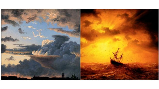 IZQUIERDA : El ojo romántico, Knud Baade, Sky Studies 1/3, 1838. © Nasjonalmuseet/Børre Høstland; DERECHA : El ojo romántico, Marcus Larson, Stormy Sea, 1857. Óleo sobre lienzo. © Museo Nacional