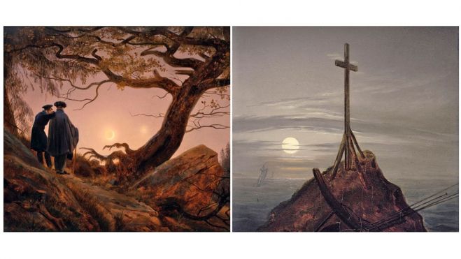 IZQUIERDA : El ojo romántico, Caspar David Friedrich, Dos hombres observando la luna, © Colección privada; DERECHA : El ojo romántico, Caspar David Friedrich, Cruz junto al mar Báltico, 1815, óleo sobre lienzo, © Colección privada