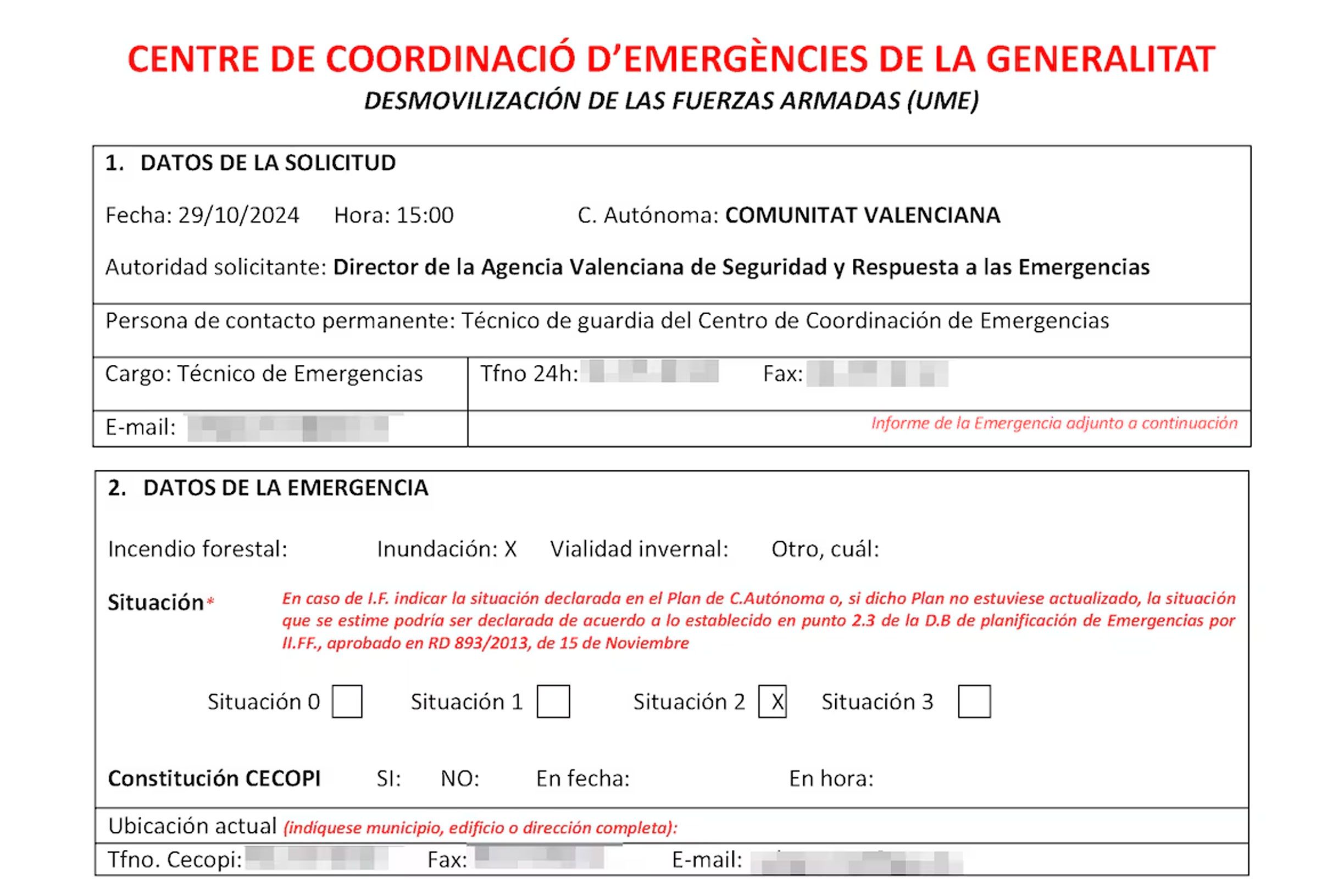 Documento adjunto Solicitud de UME desde Centro de Coordinación de Emergencias Comunidad Valenciana, publicado por El País