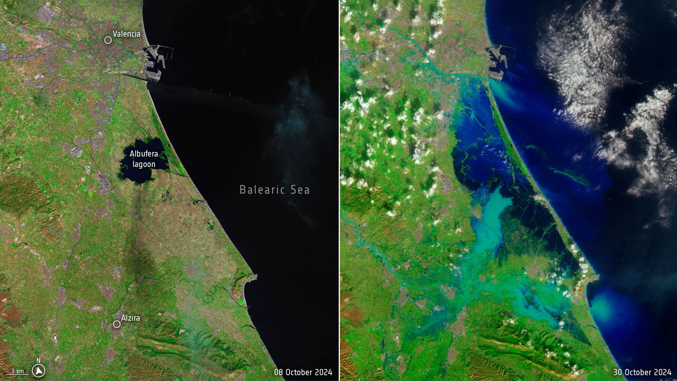 El antes y el después del desastre de la DANA de Valencia, foto USGS, processed by ESA