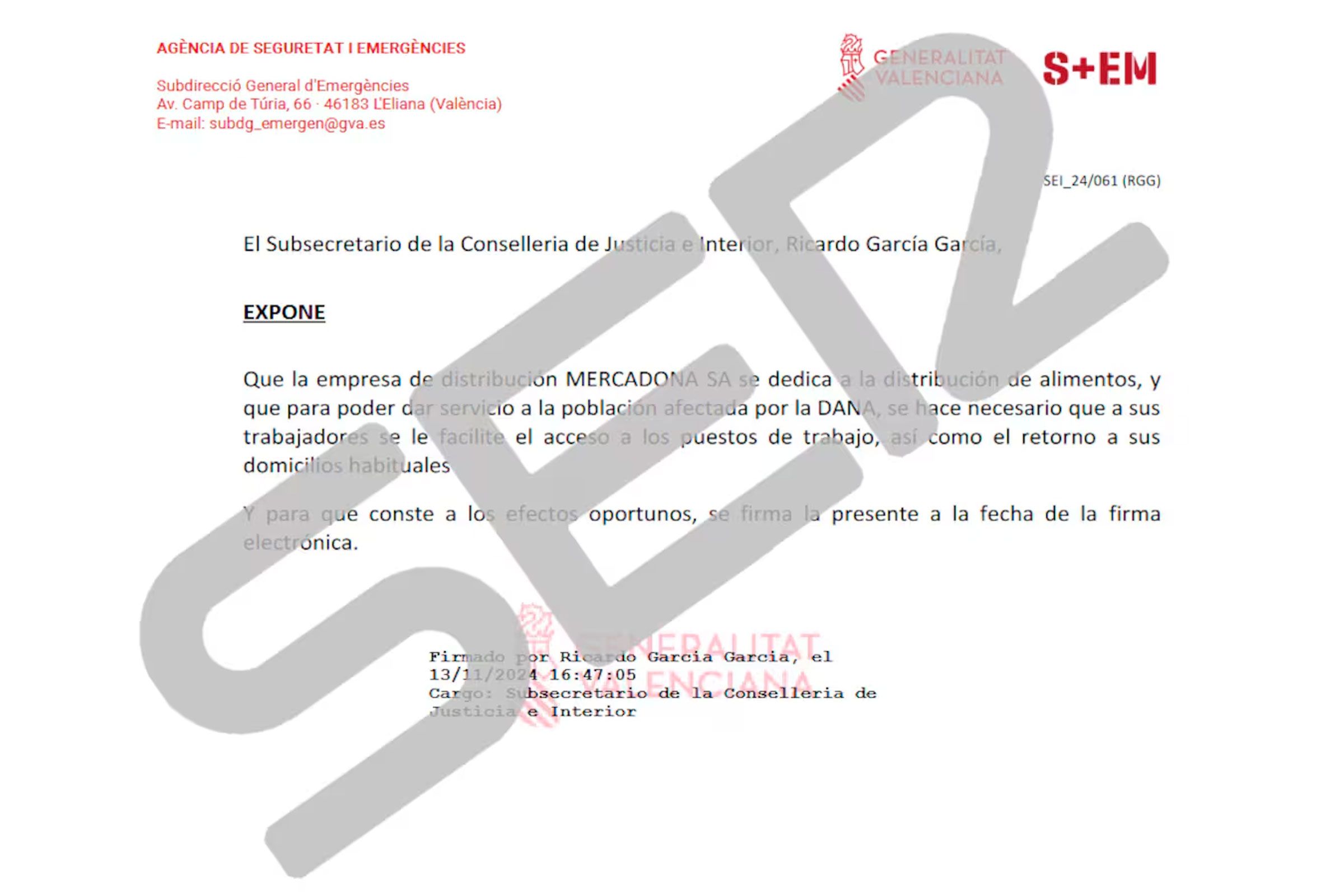 La Generalitat Valenciana emite cientos de salvoconductos para empleados de Mercadona, Consum, Aldi y Lidl, entre otros, que firma el subsecretario valenciano de Interior y Justicia, en los que se les autoriza a la circulación y al reparto incluso bajo alerta meteorológica roja o naranja, foto Cadena SER