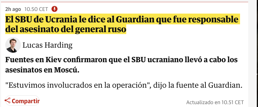 The Guardian: Kiev reconoce la autoría del asesinato del General Ruso