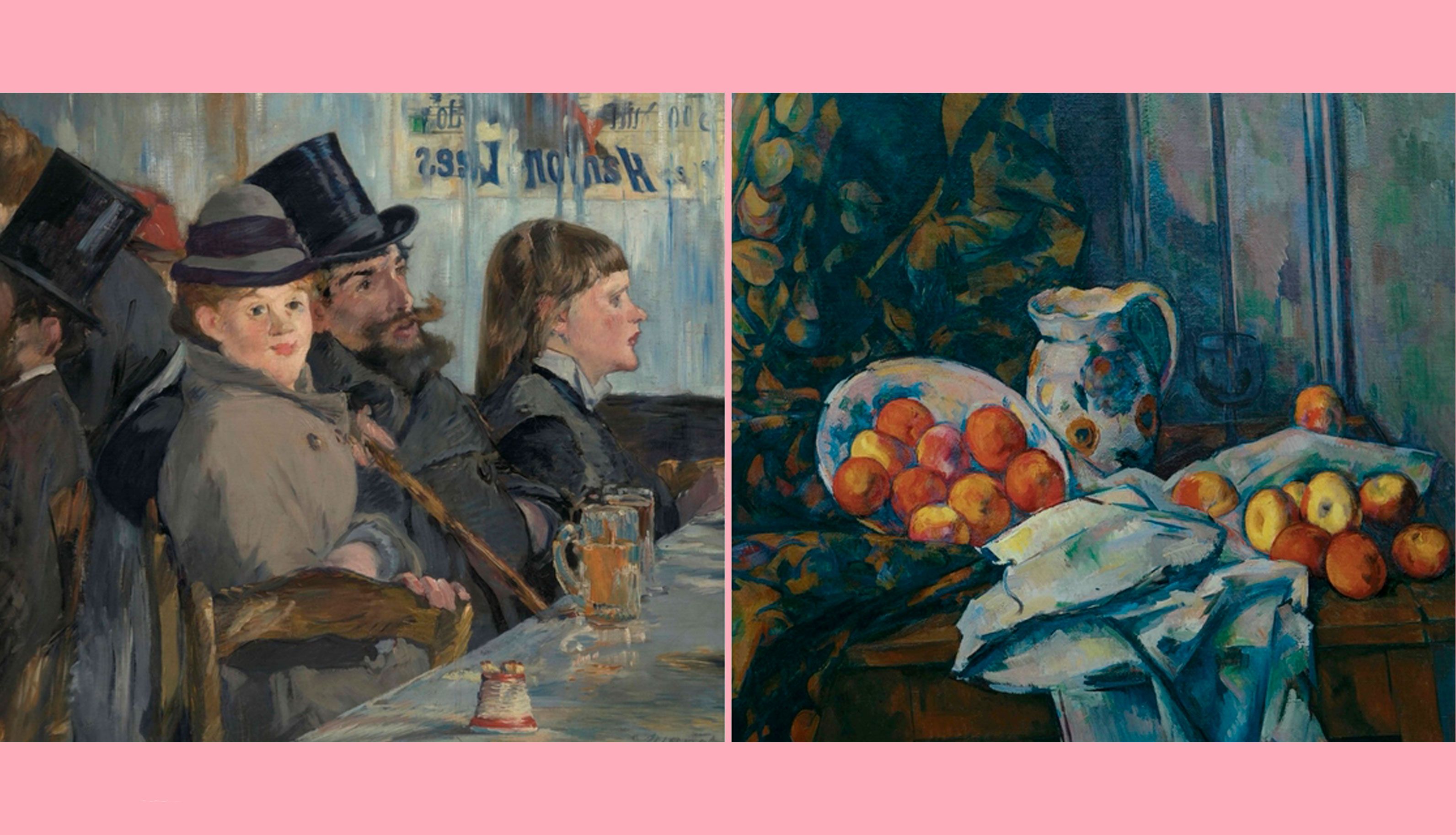 IZQUIERDA: Edouard Manet, En el café, 1878. Imagen: Confederación Suiza, Oficina Federal de Cultura, Colección Oskar Reinhart “Am Römerholz”, Winterthur; DERECHA: Paul Cézanne, Naturaleza muerta con jarra de loza y fruta, c. 1900. Imagen: Confederación Suiza, Oficina Federal de Cultura, Colección Oskar Reinhart “Am Römerholz”, Winterthur