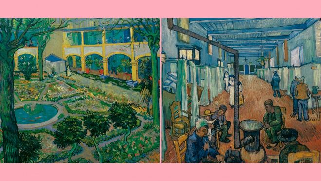 IZQUIERDA:Pintura de un patio de hospital, con una pasarela arqueada, árboles y una fuente. Vincent van Gogh, El patio del hospital de Arlés, 1889. Imagen: Confederación Suiza, Oficina Federal de Cultura, Colección Oskar Reinhart “Am Römerholz”, Winterthur; DERECHA: Vincent van Gogh, Una sala en el hospital de Arlés, 1889. Imagen: Confederación Suiza, Oficina Federal de Cultura, Colección Oskar Reinhart “Am Römerholz”, Winterthur