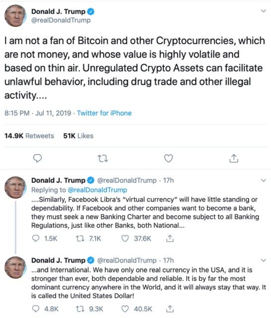 Tuit de Donald Trump donde reniega de las criptomonedas