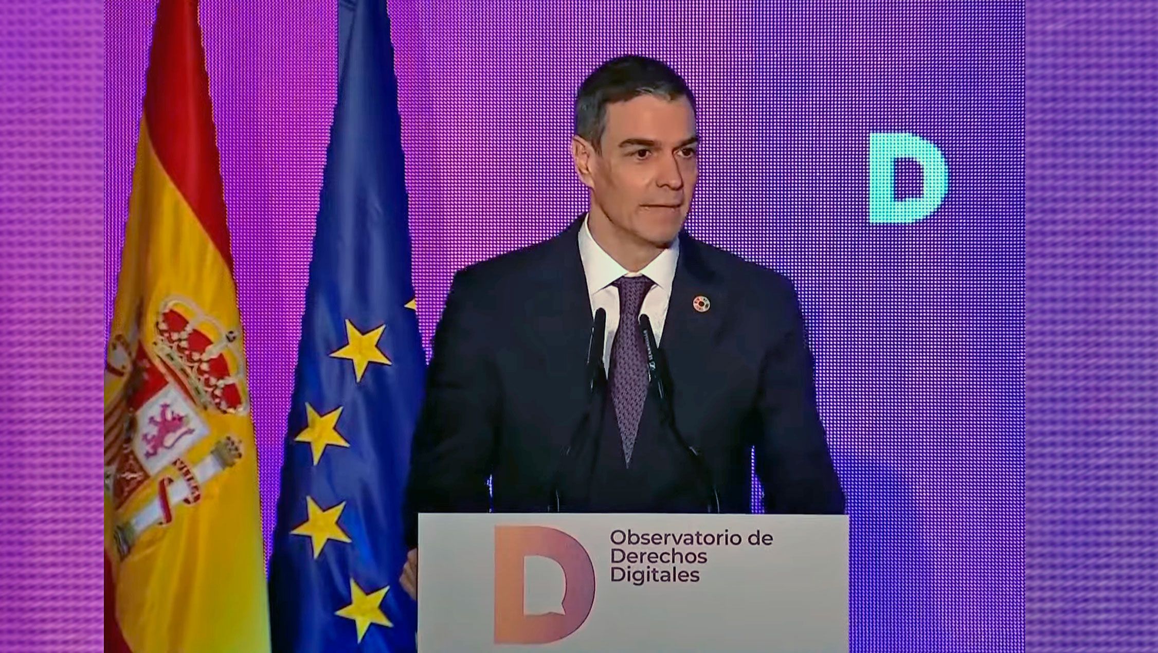 El presidente del Gobierno, Pedro Sánchez, durante su intervención en la clausura del acto de presentación del Observatorio de Derechos Digitales, este miércoles en Madrid.