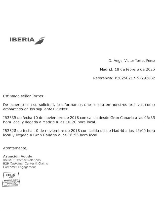 Justificante vuelo de Ángel Víctor Torres