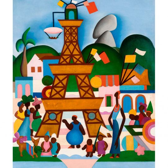 Tarsila do Amaral Carnaval en Madureira (Carnaval em Madureira), 1924 Óleo sobre lienzo 76 x 63,5 cm Fundação José e Paulina Nemirovsky, en depósito en la Pinacoteca do Estado de São Paulo, São Paulo © Tarsila do Amaral Licenciamento e Empreendimentos S.A. Foto: © Pinacoteca de São Paulo / Isabella Matheus