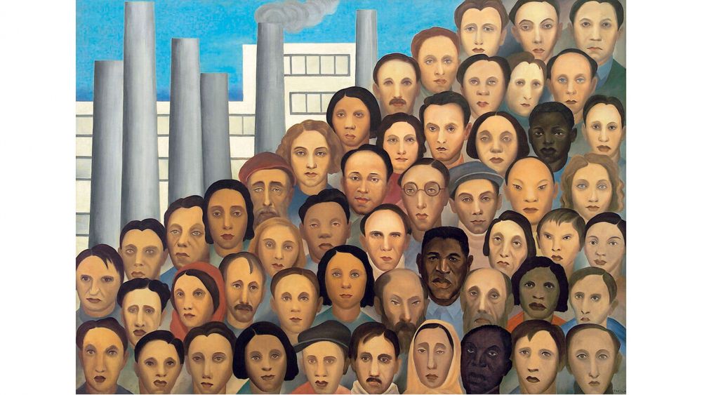 Tarsila do Amaral Obreros (Operários), 1933 Óleo sobre lienzo 150 x 205 cm Acervo Artístico-Cultural dos Palácios do Governo do Estado de São Paulo, São Paulo © Tarsila do Amaral Licenciamento e Empreendimentos S.A. Foto: © Artistic-Cultural Collection of the Governmental Palaces of the State of São Paulo / Romulo Fialdini