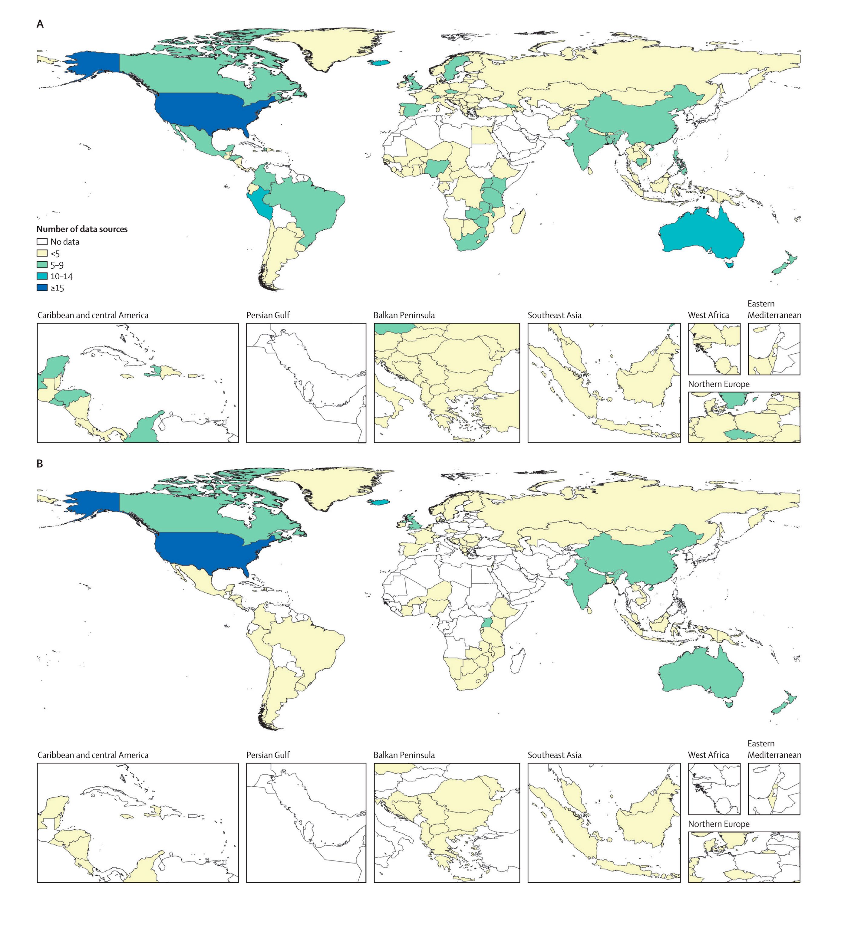 Figura 1. Número de fuentes de datos sobre violencia sexual contra niños para mujeres (A) y hombres (B); año más reciente de datos para mujeres (C) y hombres (D) Figura 1. Número de fuentes de datos sobre violencia sexual contra niños para mujeres (A) y hombres (B); año más reciente de datos para mujeres (C) y hombres (D)