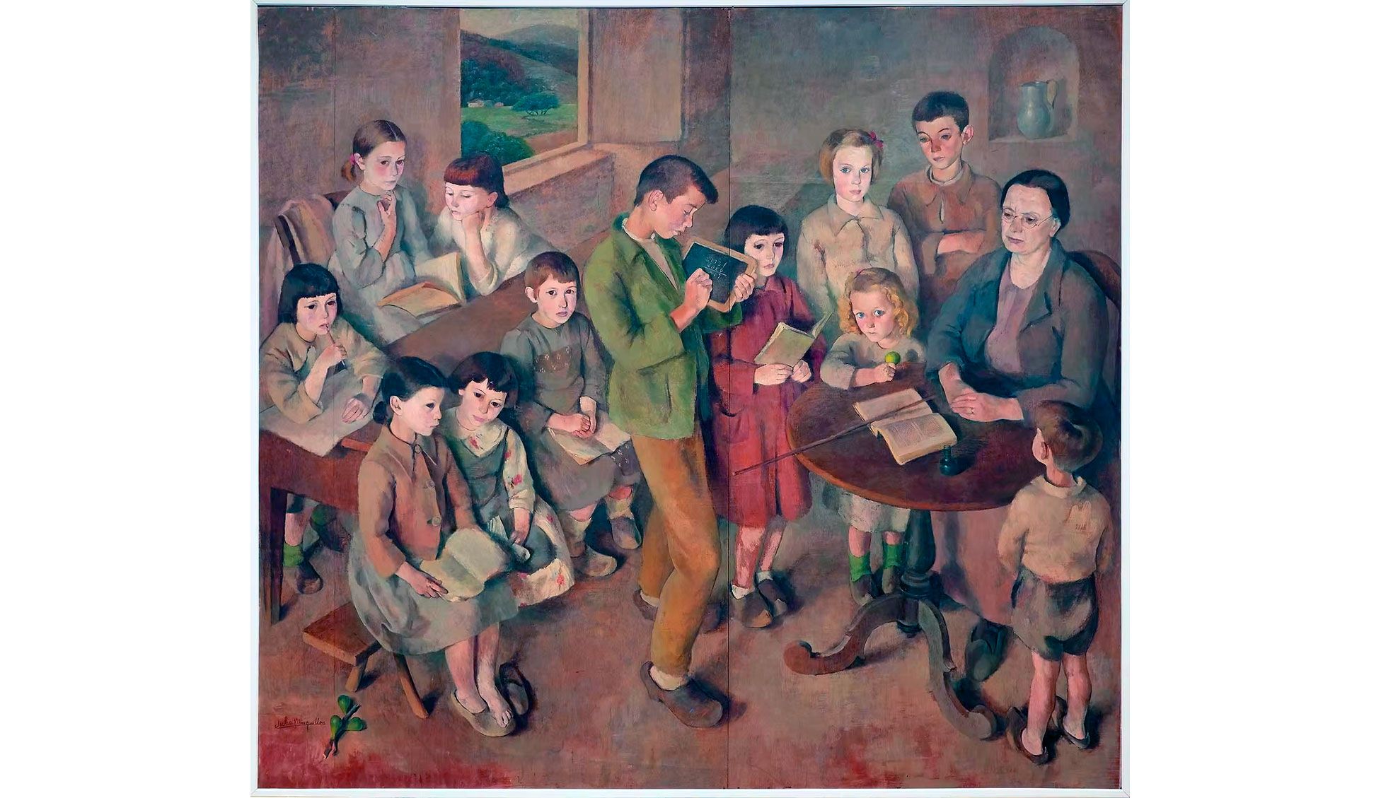 Julia Minguillón, Escuela de Doloriñas, c. 1941. Óleo sobre tabla, 197 x 220 cm. Colección MNCARS, en dep. en el Museo Provincial de Lugo. Julia Minguillón, Escuela de Doloriñas, c. 1941. Óleo sobre tabla, 197 x 220 cm. Colección MNCARS, en dep. en el Museo Provincial de Lugo.