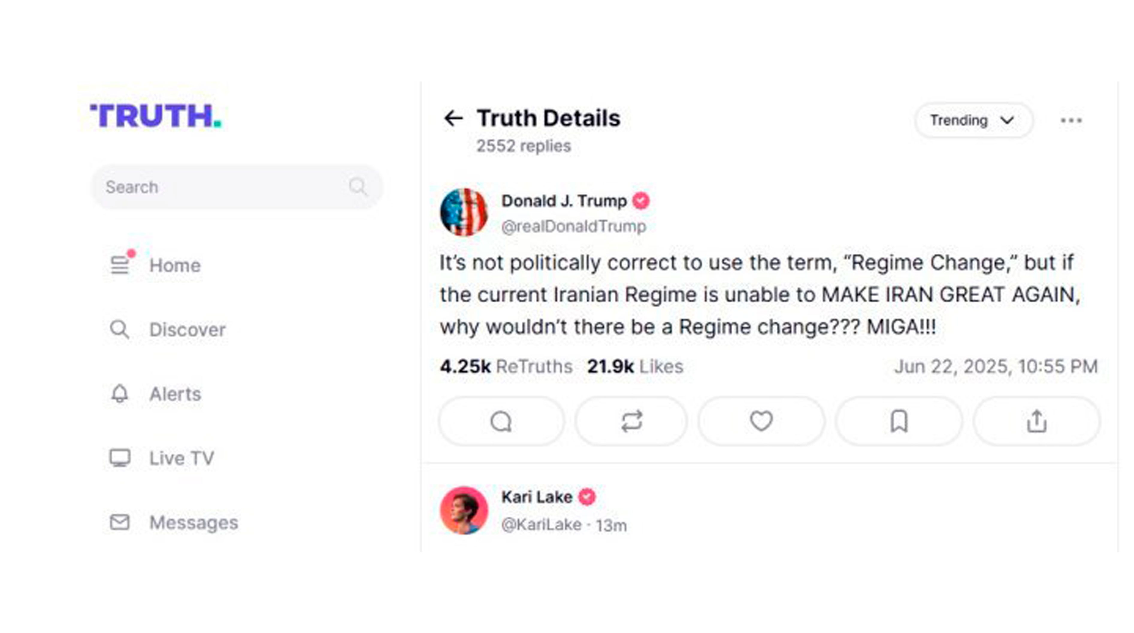 Mensaje de Donald Trump en su red social dónde insinúa un cambio de régimen en Irán
