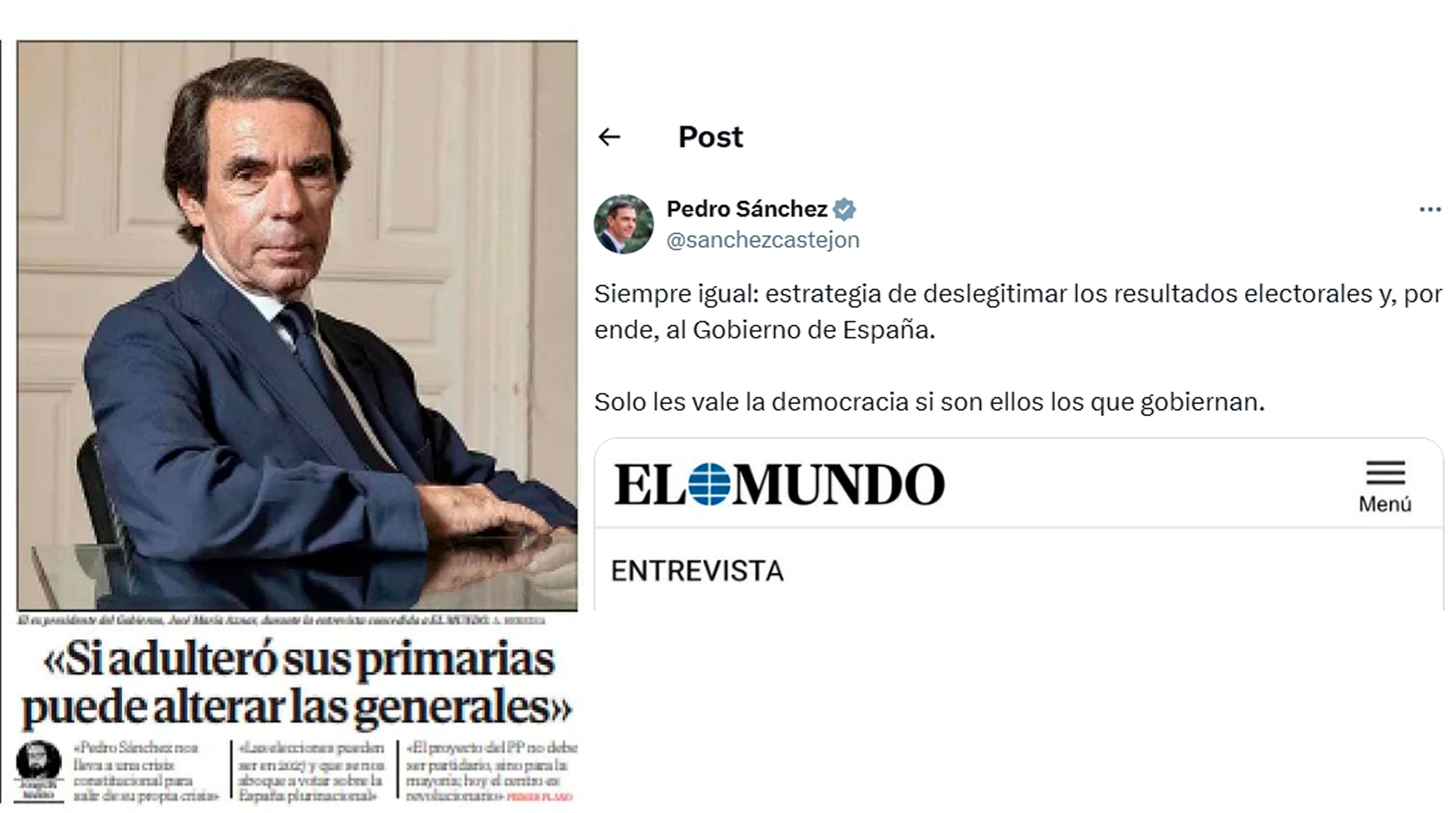 Aznar acusa sin pruebas a Sánchez de querer amañar las elecciones y agita el discurso golpista