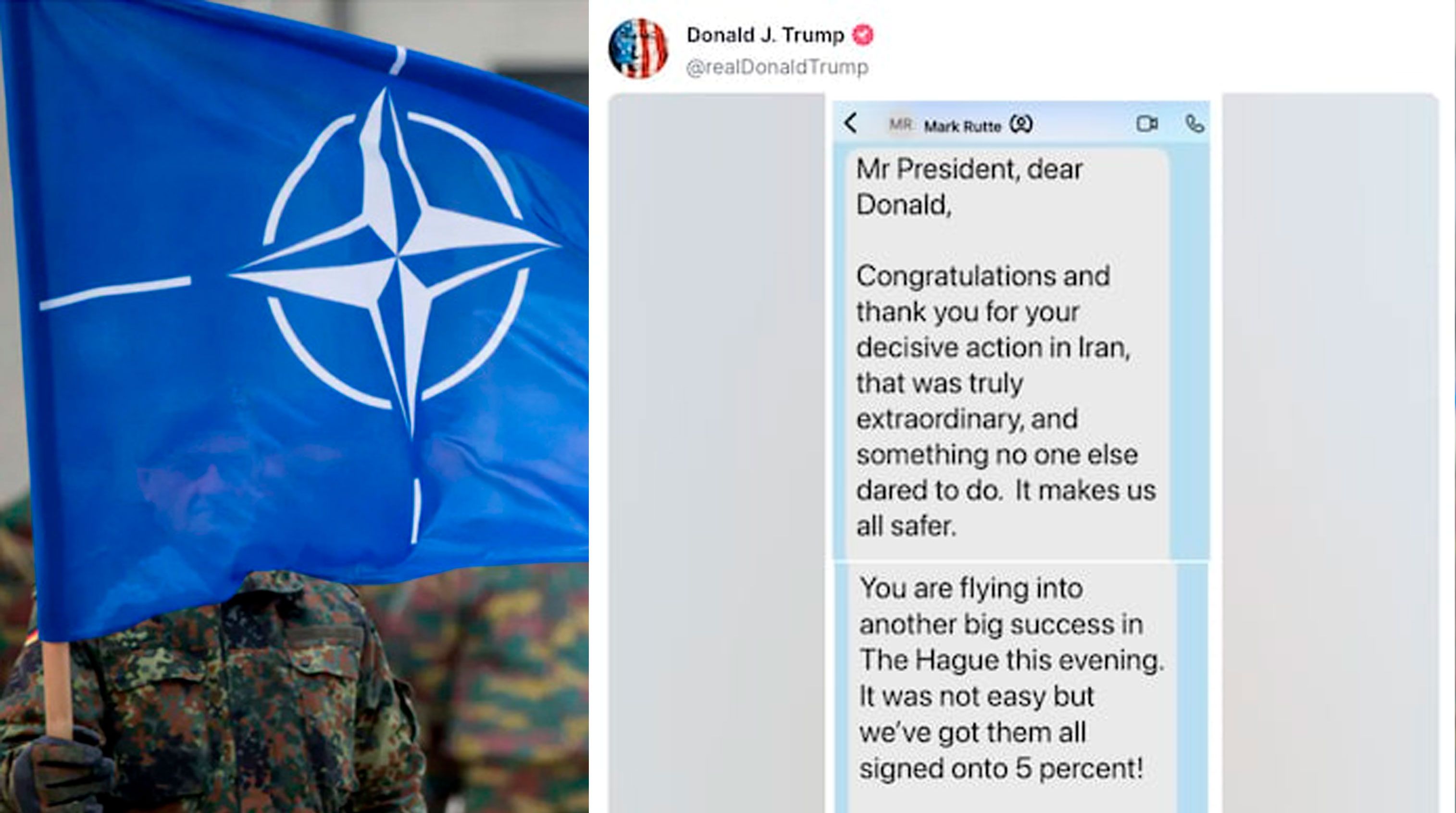 Captura del mensaje enviado por Mark Rutte, secretario de la OTAN, y que después difundió Donald Trump, el martes. Captura del mensaje enviado por Mark Rutte, secretario de la OTAN, y que después difundió Donald Trump, el martes.