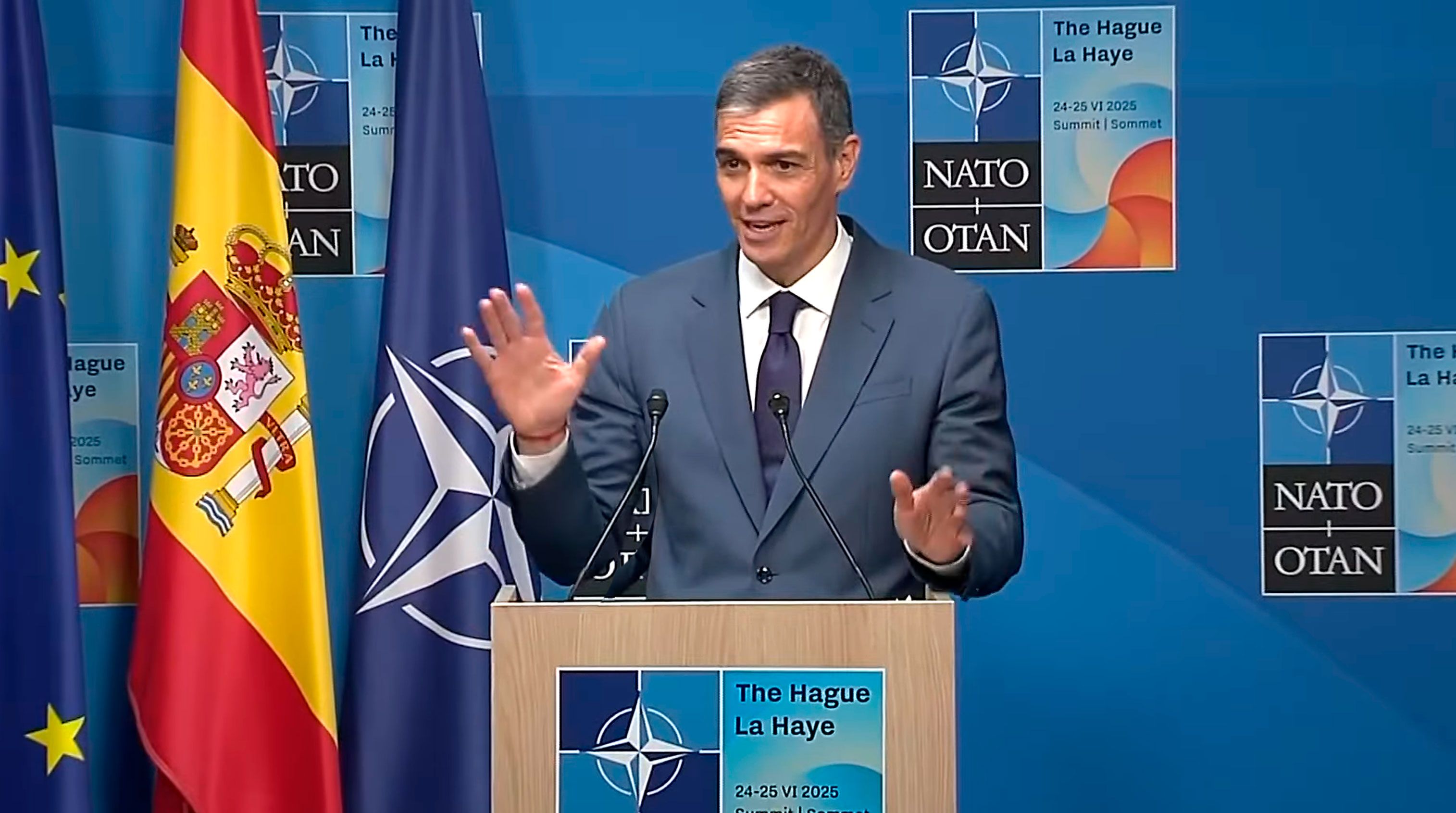 Pedro Sánchez en rueda de prensa en La Haya, tras la Cumbre de la OTAN