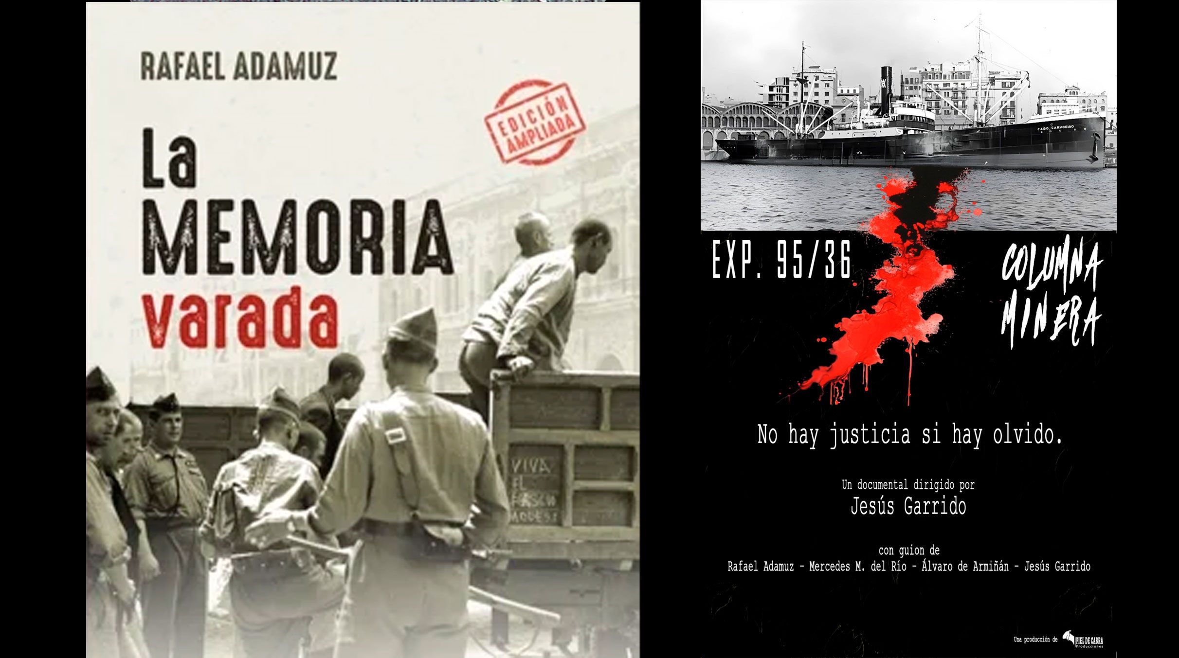 Libro de Rafael Adamuz 'La memoria varada' en su presentación'  Portada de la novela y cartel del documental