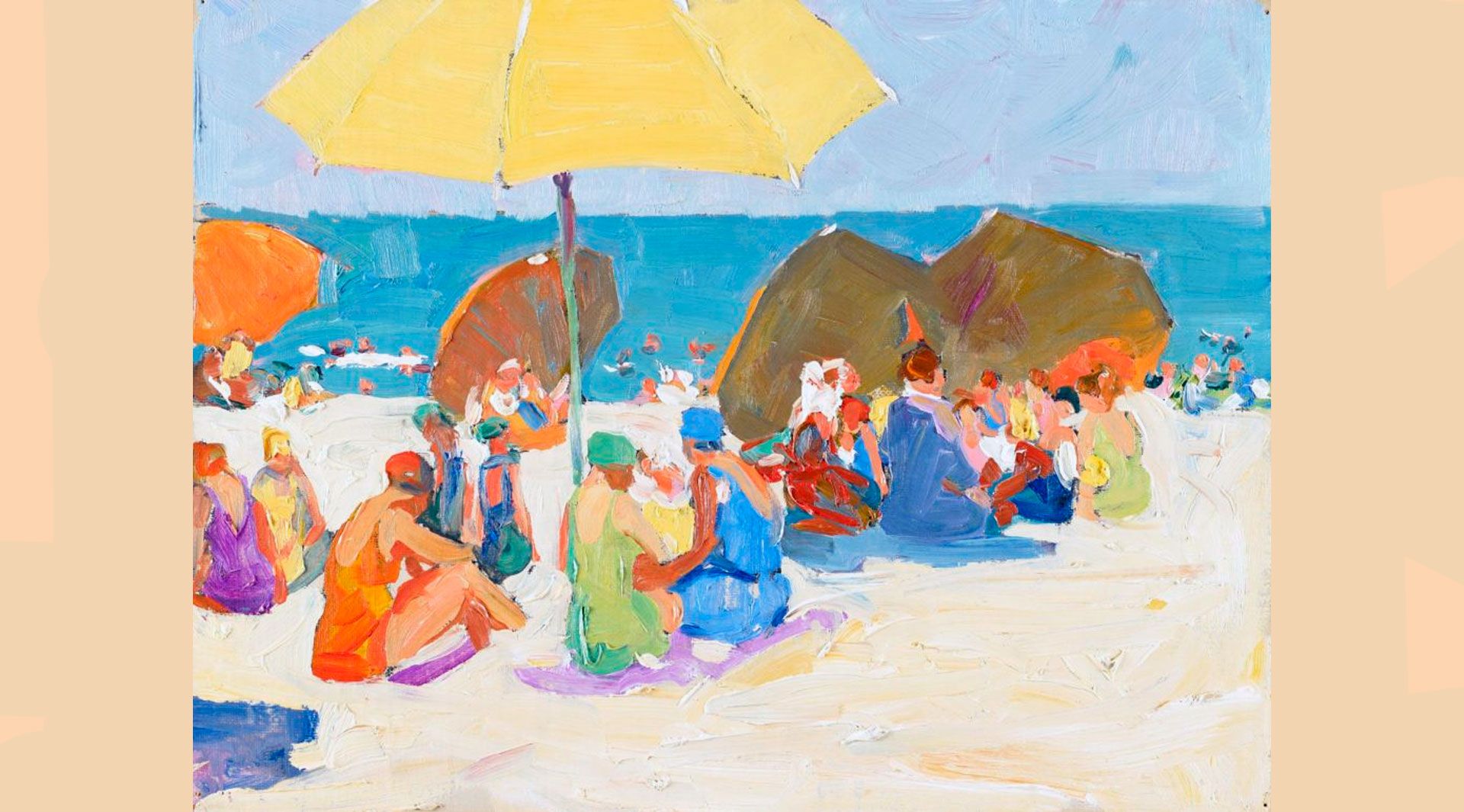 Jane Peterson”Beach scene with yellow umbrella” Jane Peterson”Beach scene with yellow umbrella”