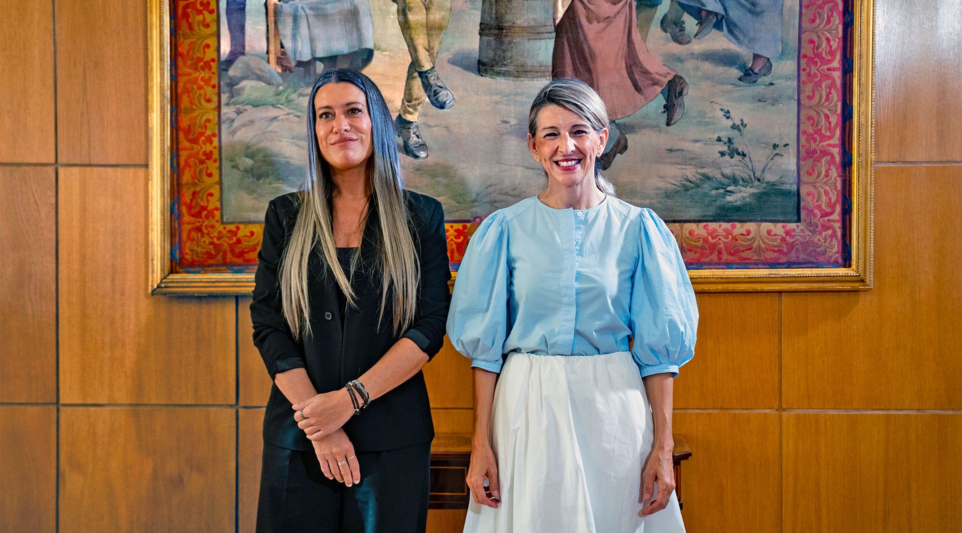 La portavoz de Junts en el Congreso de los Diputados, Miriam Nogueras y la vicepresidenta de Trabajo y Economía Social, Yolanda Díaz, y durante una reunión, a 26 de junio de 2025, en Madrid, foto Trabajo