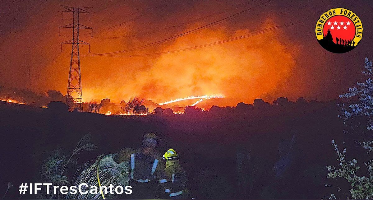 Bomberos Forestales de la Comunidad de Madrid tratan de extinguir el incendio de Tres Cantos, mientras piden más recursos al gobierno de Ayuso.
