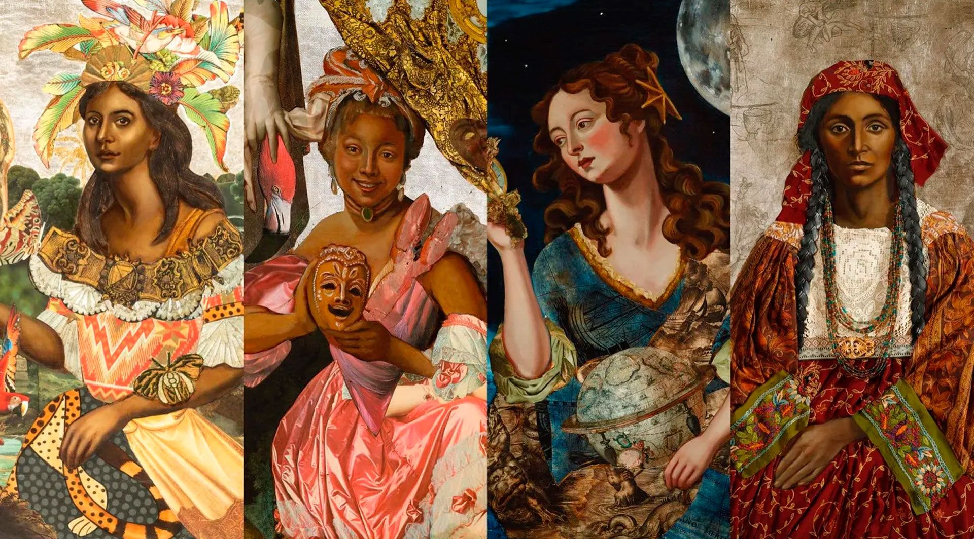 Terpsichore, Thalia, Urania, and Marie Agnes Simon; paintings from Birthplace Remembering Louisiana's Forgotten Women by Carrie Anne Baade's 2025 exhibition at LeMieux Galleries, New Orleans.