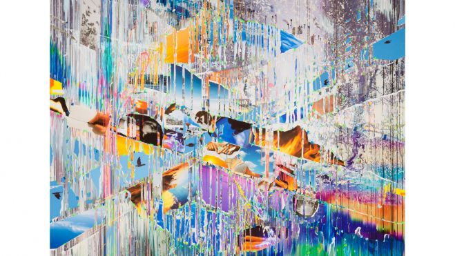 Crisscross, by Sarah Sze (2021). Oil, acrylic, acrylic polymer, and ink on composite aluminum panel, with wood support. Collection of the Shah Garg Foundation. Crisscross, by Sarah Sze (2021). Oil, acrylic, acrylic polymer, and ink on composite aluminum panel, with wood support. Collection of the Shah Garg Foundation.