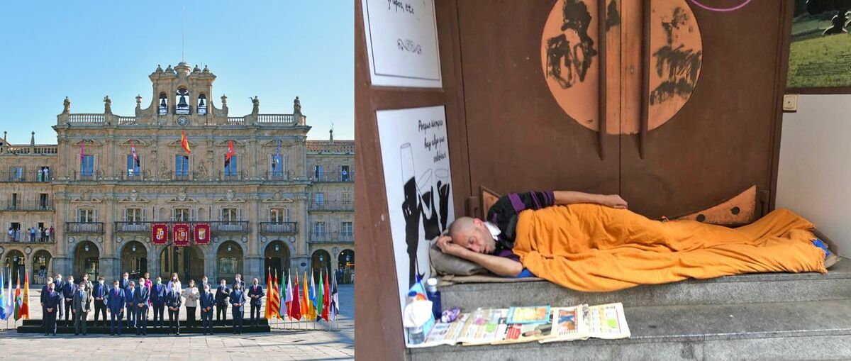 Foto familia Cumbre Presidentes en Salamanca con un sin hogar a pocos metros