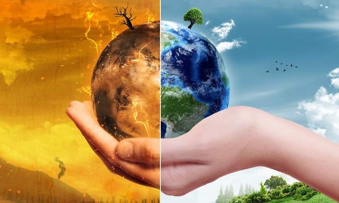 Planeta tierra dividido entre el cambio climático y el bienestar