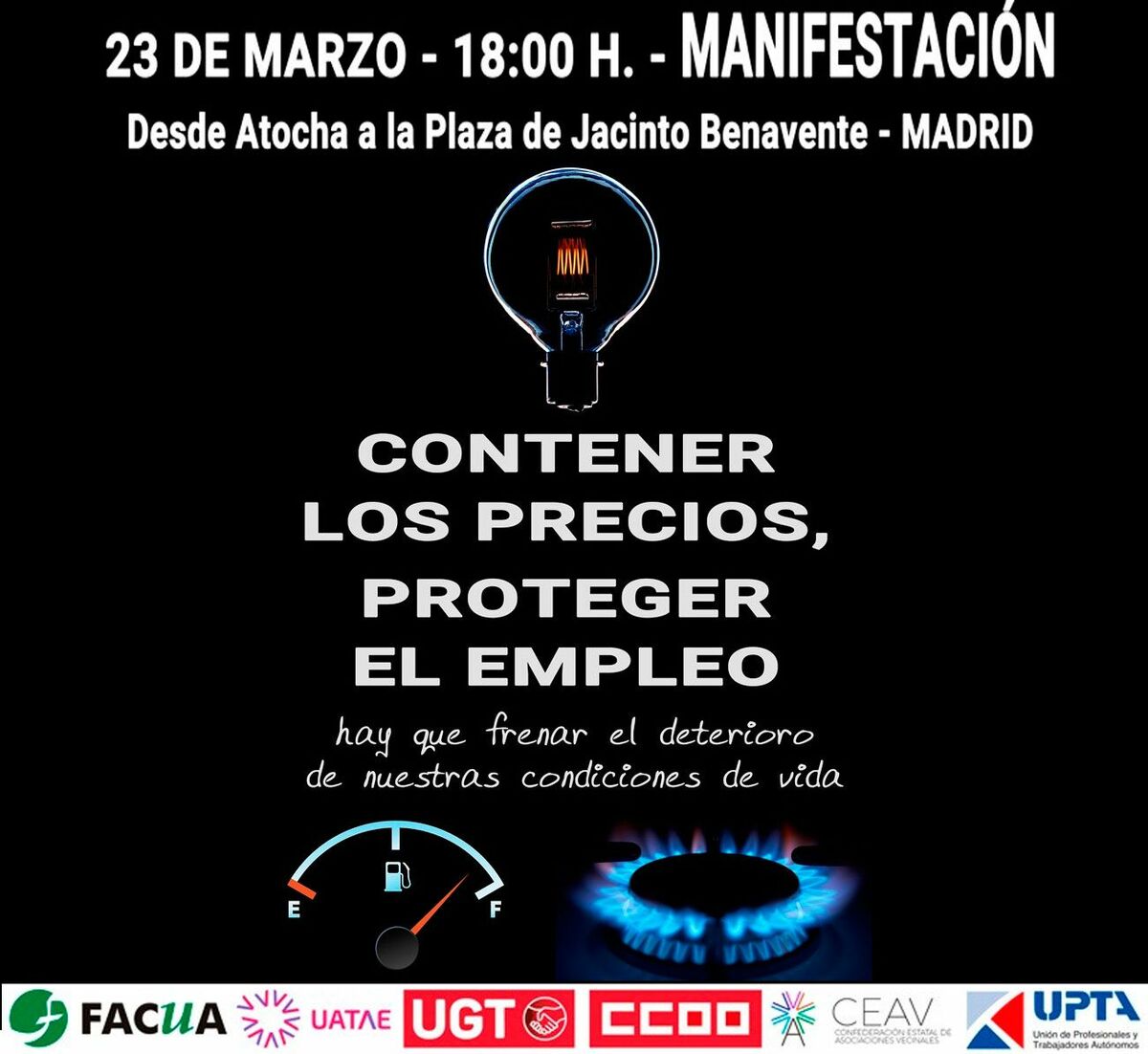 Cartel de la manifestación del día 23 exigiendo: Contener los precios, proteger el empleo, frenar el deterioro de nuestras condiciones de vida