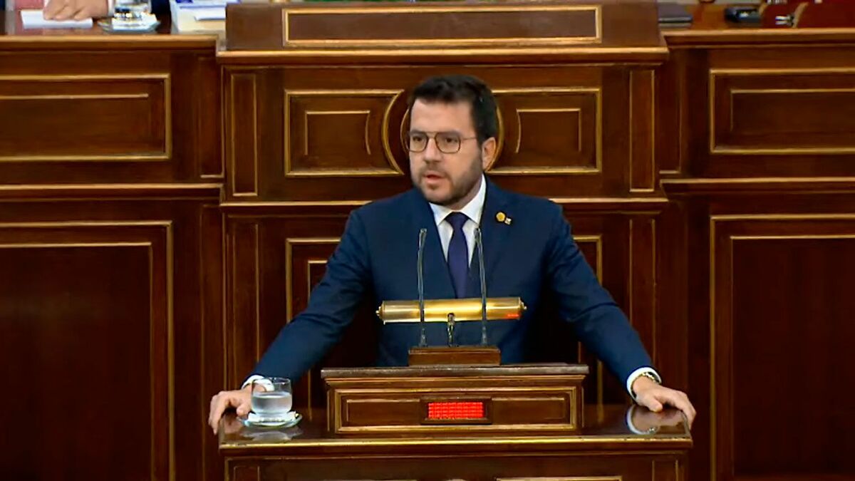 El-presidente-catalán-Pere-Aragonès,-este-jueves-en-el-Senado,-en-la-comisión-general-de-comunidades-autónomas.