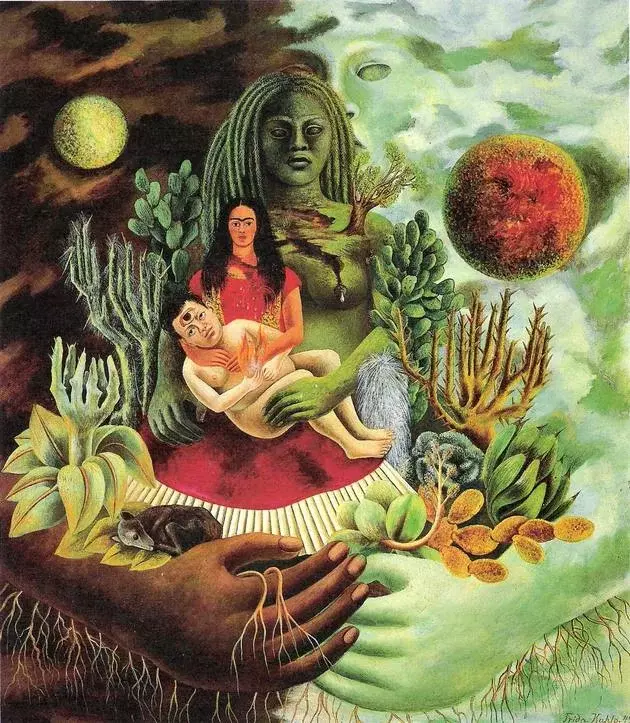El abrazo de amor del universo. 1949. Óleo en tela montada sobre masonita. 70 × 60.5 cm. Colección privada Jacques y Natasha Gelman, México.